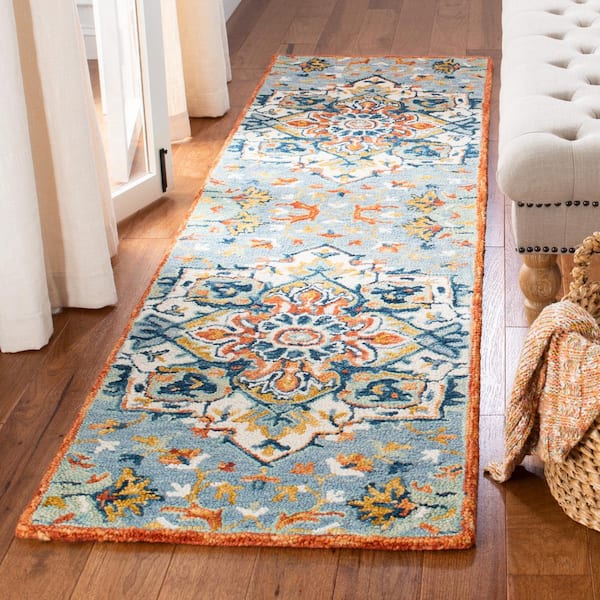 Aspen 2 ft. x 15 ft. Blue/Rust Geometric Floral Runner Rug