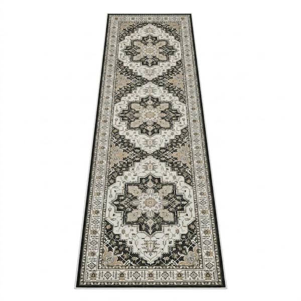 2'x8' Washable Non Slip Runner Rug, Low Pile Vintage Carpet, Black
