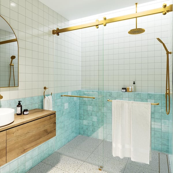 Polaris 60 in. W x 78 in. H Sliding Frameless Shower Door with Square Hardware in Satin Brass with Clear Glass