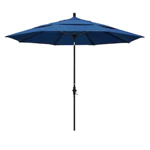 11 ft. Matted Black Aluminum Market Patio Umbrella with Collar Tilt Crank Lift in Regatta Sunbrella