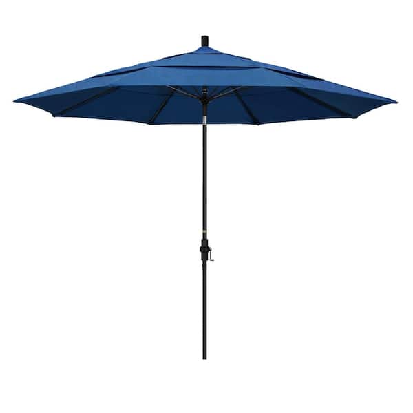 California Umbrella 11 ft. Matted Black Aluminum Market Patio Umbrella with Collar Tilt Crank Lift in Regatta Sunbrella