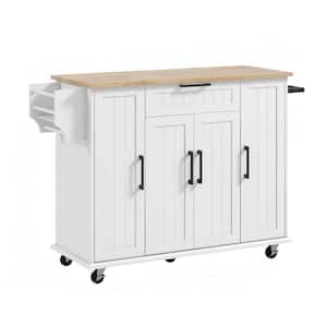 White Wood 52 in. Kitchen Island with Rubberwood Top, Drawer, Spice Rack, Towel Rack