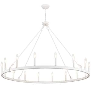 Janiaha 47.24 in. 16-Light Distressed White Large Farmhouse Candle Wagon Wheel Chandelier for Living Room Pendant Light