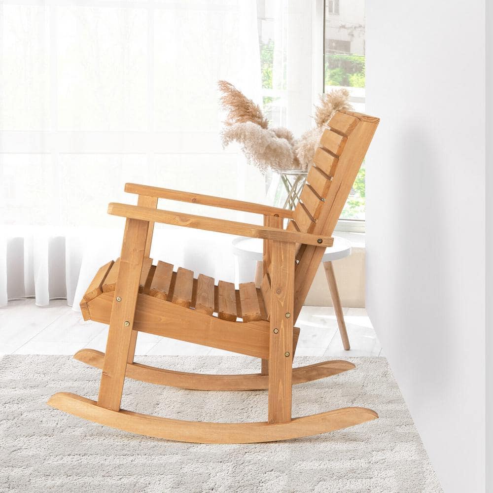 Natural Fir Wood High Back Outdoor Rocking Chair with Armrests