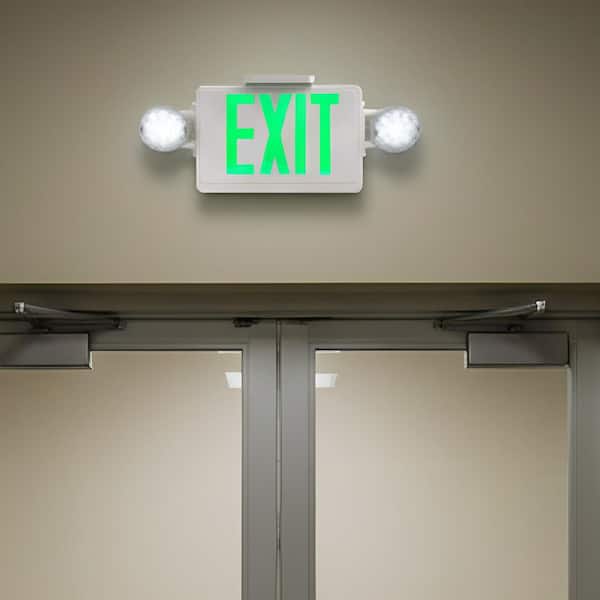 LED Exit and Emergency Light Combo, 2-Head Fixture with Green Letters, High Output Commercial Safety Lighting