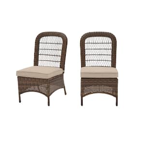 Beacon Park Brown Wicker Outdoor Patio Armless Dining Chair with CushionGuard Putty Tan Cushions (2-Pack)