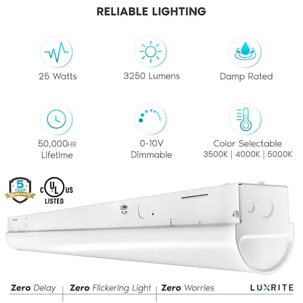 3 ft. 25-Watt 3450 Lumens LED White Linear Shop Light 3 Color Selectable 3500K-5000K Dimmable Damp Rated UL Listed