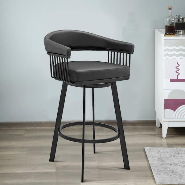 Benjara 34 in. Black Low Back Metal Frame Swivel Bar Stool with Vegan Faux Leather Seat