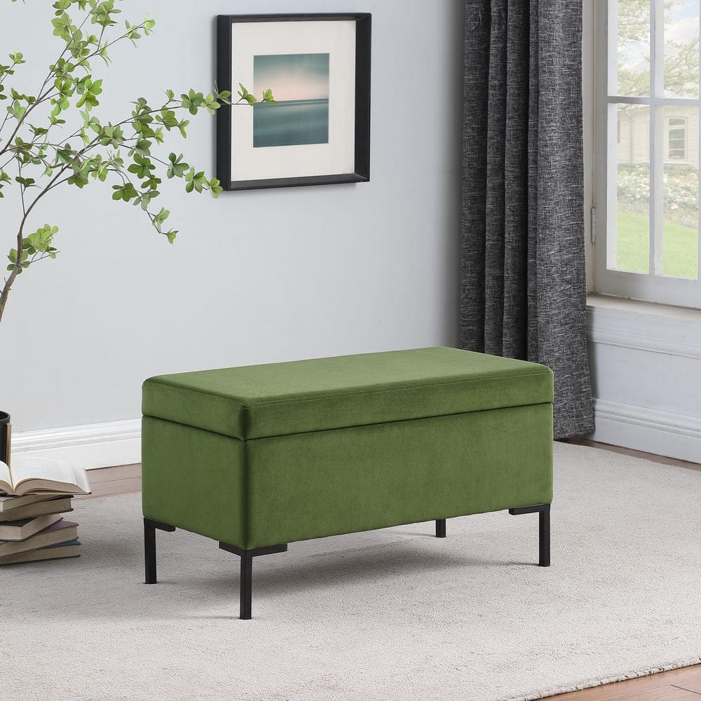 Green Velvet Storage Bench with Black Metal Legs