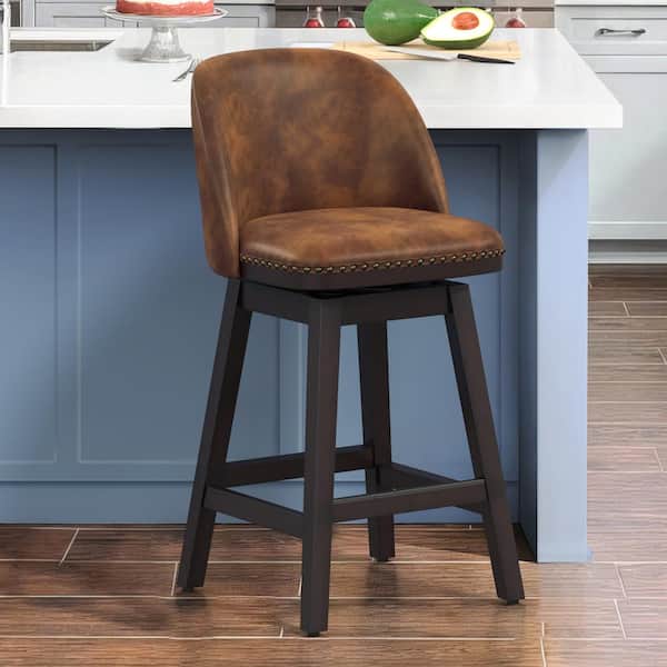 OrangeOne 26 in. Brown Wood Frame Swivel Cushioned Bar Stool with Faux Leather, Swivel Counter Stool