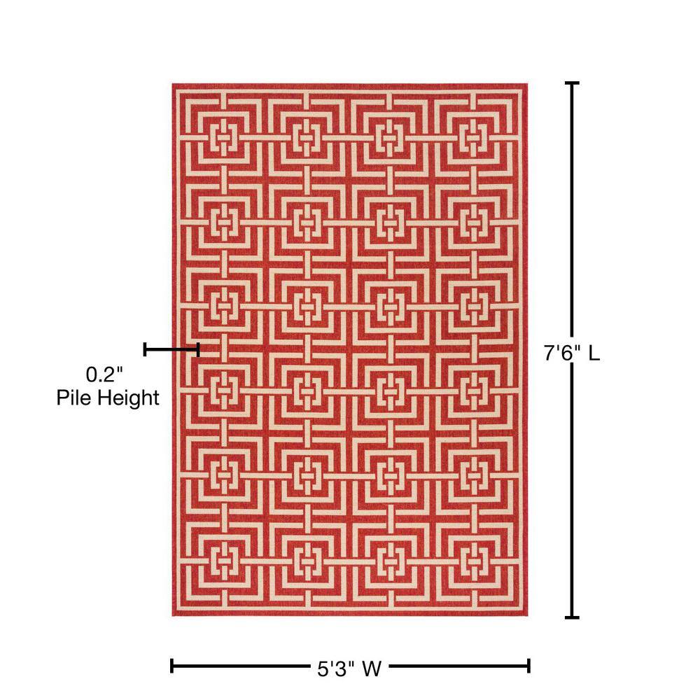 Handmade Geometric Red & Cream Synthetic Indoor/Outdoor Rug, 5'3" x 7'6"