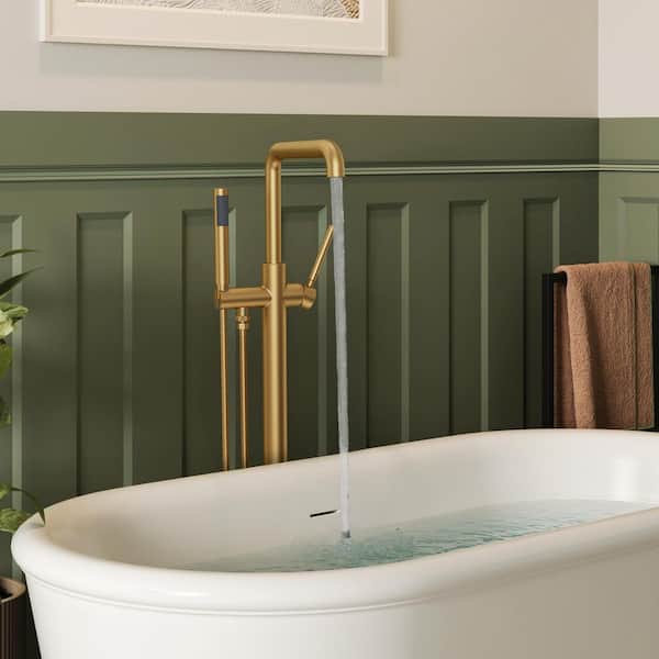 Single-Handle Freestanding Tub Faucet with Hand Shower Integrated Rock-Solid Anchored Design in Brushed Gold