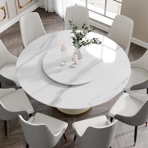 59.05 in. White Modern Round Sintered Stone Top Dining Table with Carbon Steel Base Seats 8