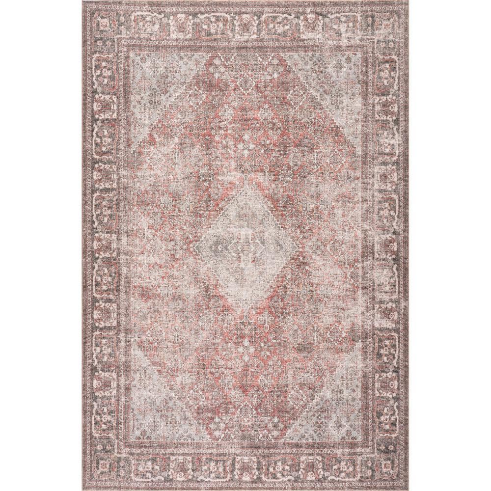 Gray and Burgundy Synthetic Rectangular Area Rug, 7' 10" x 10'