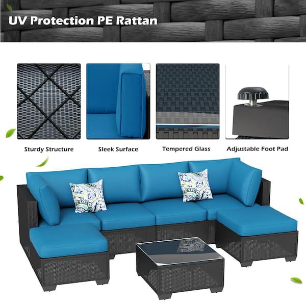 Sudzendf 7-Piece Wicker Outdoor Conversation Patio Furniture Set with Blue Cushions