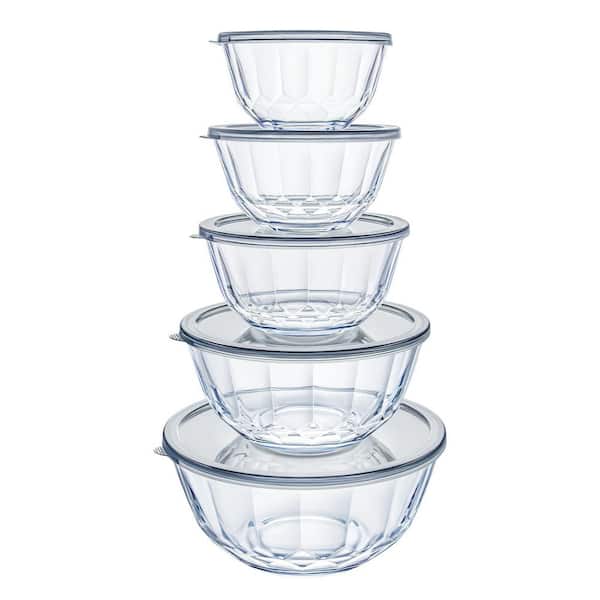 5-Piece Diamond Pattern Glass Mixing Bowl Set with Grey Transparent Airtight Lids for Baking Prep Storage