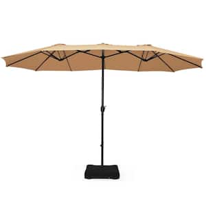 15 ft. Steel Market Double-Sided Patio Umbrella with Weight Base in Beige