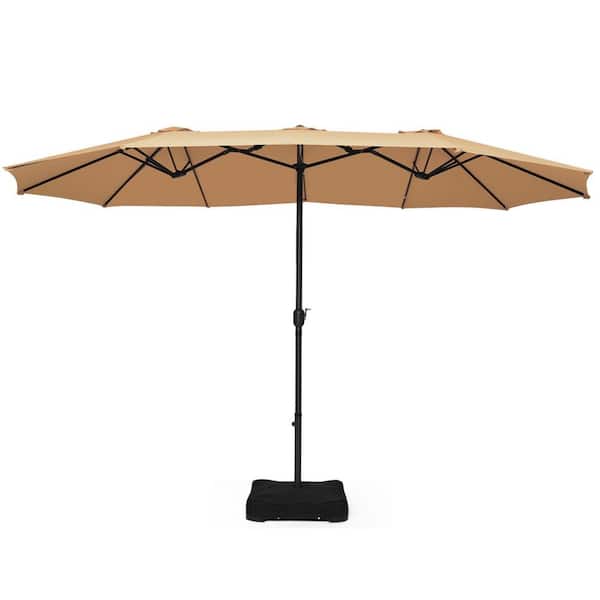 ANGELES HOME 15 ft. Steel Market Double-Sided Patio Umbrella with Weight Base in Beige