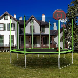 10 ft. Round Backyard Trampoline with Safety Enclosure, Basketball Hoop and Ladder in Green