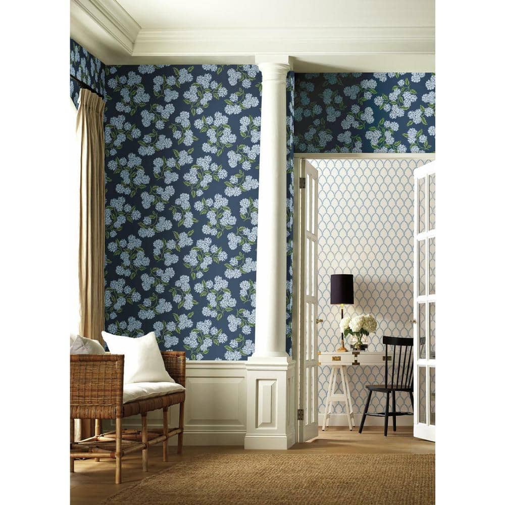 Navy and White Hydrangea Floral Non-pasted Wallpaper