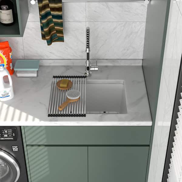 24 in. W x 18 in. D Undermount Laundry/Utility Sink in White Granite Quartz Composite with Bottom Grid