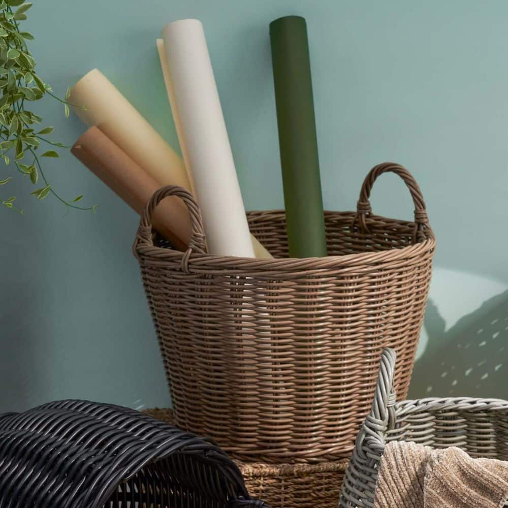 Brown 16 in. x 14.5 in. Round Cone Resin Wicker Decorative Basket, Minimali