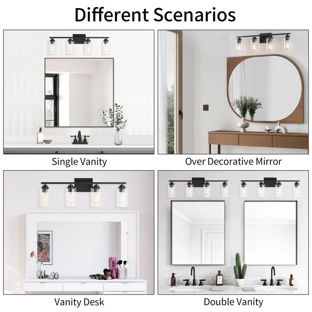 Black Metal and Glass 4-Light Dimmable Vanity Fixture