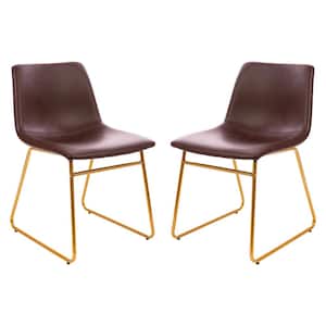 Dark Brown LeatherSoft/Gold Frame Leather/Faux Leather Dining Chair Set of 2