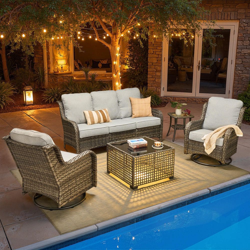 New Kenard Gray 5-Piece Wicker Patio Conversation Set with Gray Cushions and Solar-Powered LED Lighted Coffee Table price history on PriceWatchPro