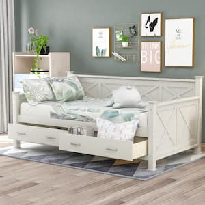 White Twin Size Daybed with 2-Large Drawers and X-shaped Frame