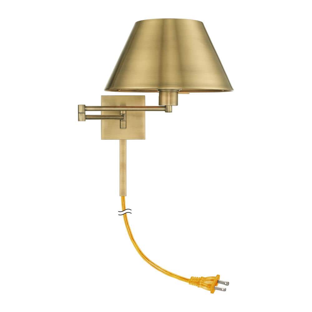 Antique Brass Swing Arm Wall Lamp with Satin Shade