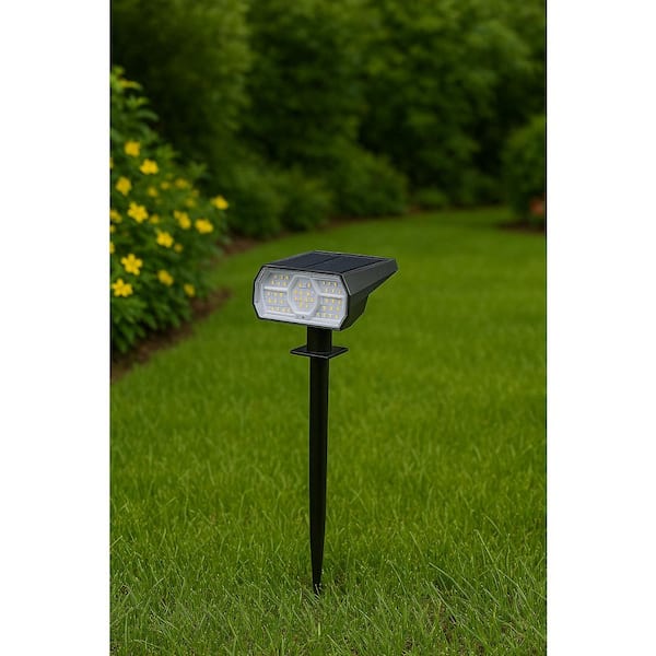 Black Solar Warm White LED Outdoor Weather Resistant Spotlight with Adjustable Lamp Head 3-Brightness Modes (4‑Pack)