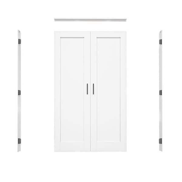 48 in. x 80 in. 1-Panel Frosted Glass Universal White Solid Core MDF Double Prehung French Door+Separate Jamb&Ball Catch
