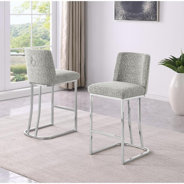 Best Quality Furniture Owen Rich Grey Boucle Fabric Bar Stool (Set of 2) With Chrome Legs