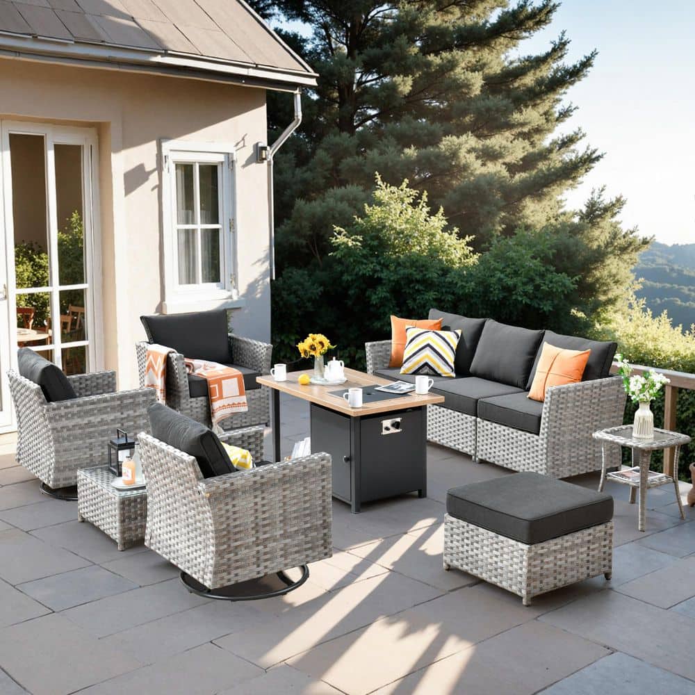 Eufaula Gray 10-Piece Wicker Outdoor Patio Conversation Sofa Set with a Storage Shelf Fire Pit and Black Cushions price history on PriceWatchPro