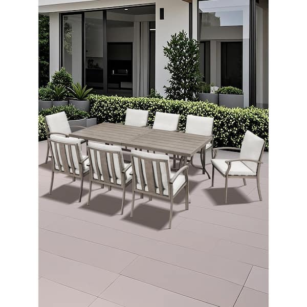 RUIZI AluLux 9-Piece White Oak Aluminum Outdoor Dining Set with Rectangular Table and Beige Cushions