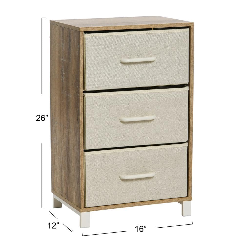 Coastal Oak 3-Drawer Storage Chest with Beige Fabric Drawers
