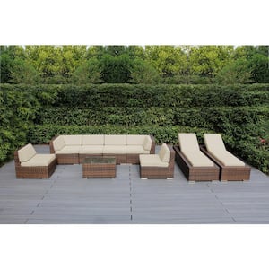 Mixed Brown 9-Piece Wicker Patio Combo Conversation Set with Sunbrella Antique Beige Cushions