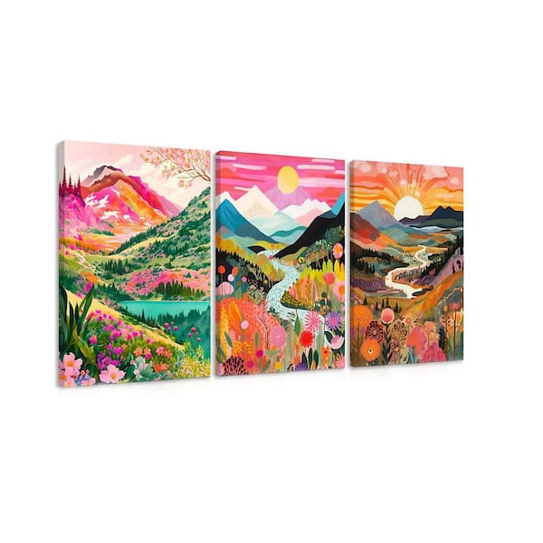 3 piece Colorful Watercolor Mountain Canvas Wall Art Boho Floral Painting Picture, 16x24 Inches