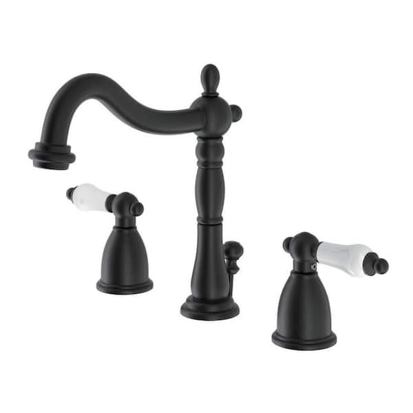 Kingston Brass Victorian 8 in. Widespread 2-Handle Bathroom Faucet in Matte Black with Porcelain Handle