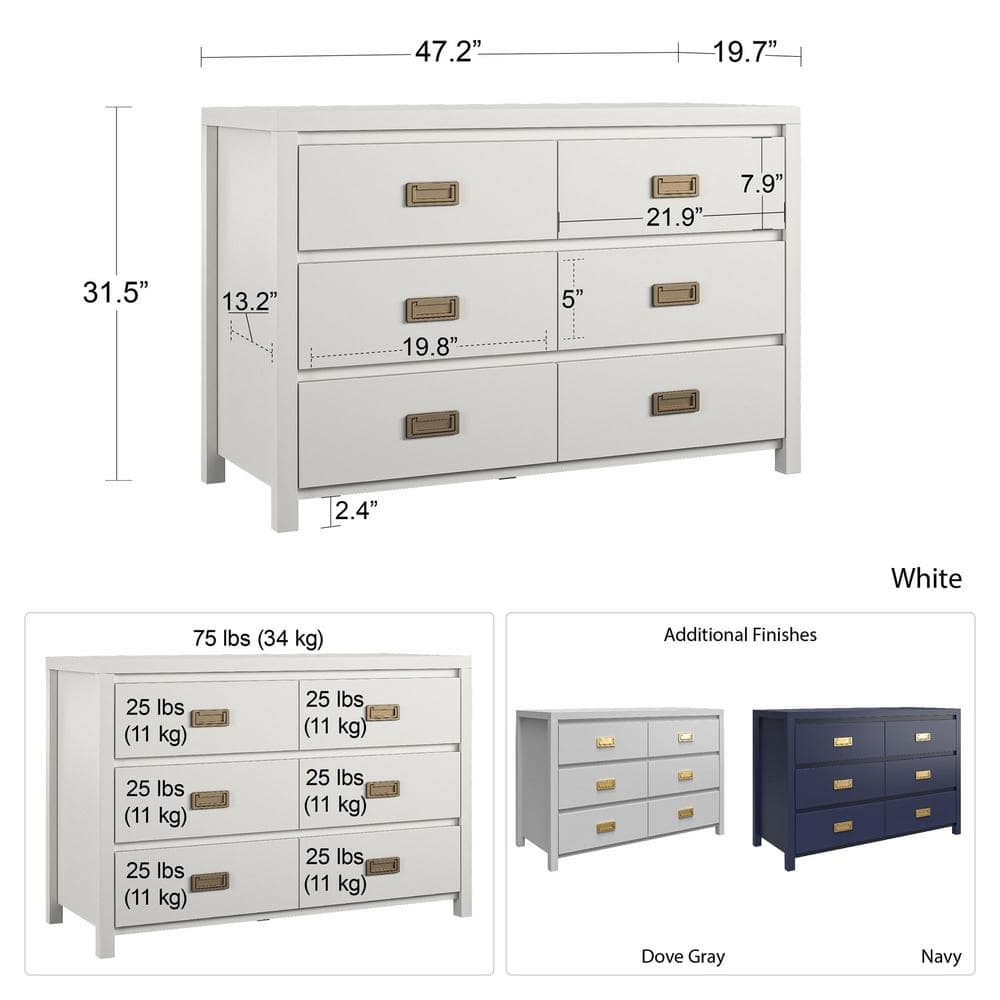 Dove Gray 6-Drawer Campaign Style Dresser with Gold Pulls