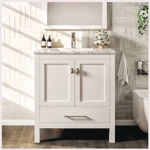 London 24 in. W x 18 in. D x 34 in. H Bathroom Vanity in White with White Carrara Marble Top with White Sink