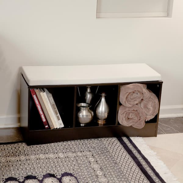 DANYA B Contempo 36 in. W x 18 in. H Espresso MDF Storage Bench with Natural Canvas Cushion