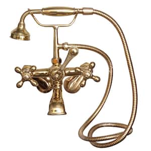3-Handle Wall Mounted Claw Foot Tub Faucet with Elephant Spout and Hand Shower in Polished Brass