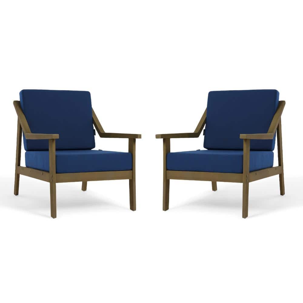 Brown Teak Outdoor Lounge Chair Armchair with Light Navy Cushions （Set of 2） price history on PriceWatchPro