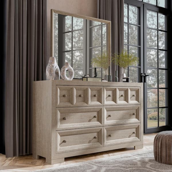 Furniture of America Flonnin Modern Classic Tawny Brown-With Mirror 6 Drawer 62 in. Wide Dresser and Cedarwood-Lined Bottom Drawers