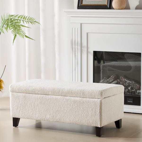 Breanna Modern White Boucle Fabric Upholstery Storage Ottoman with Solid Wood Legs Flip-Top Lid