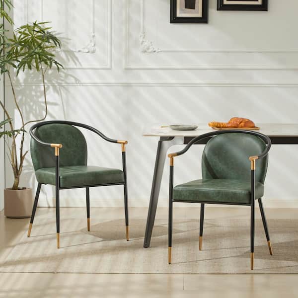 Olors Faux Leather Upholstered Dining Chair with King Louis Back, Gold Colored Accents, Metal, Green+Black, Set of 2