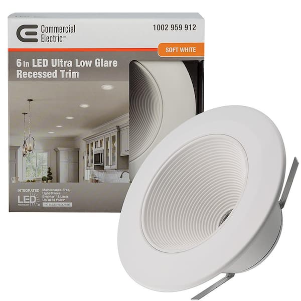 Commercial Electric 6 in. White Low Glare Integrated Integrated LED Recessed Light Trim 670 Lumens 3000K Soft White Kitchen Bedroom Office