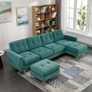 111 in. Soft Velvet Modern Sectional Sofa in Green with Ottoman, Side Storage Pockets and Metal Legs
